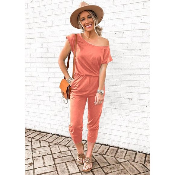 Women's Pink Loose Solid Off Shoulder Elastic Waist Stretchy Romper Jumpsuit - Picture 3 of 5